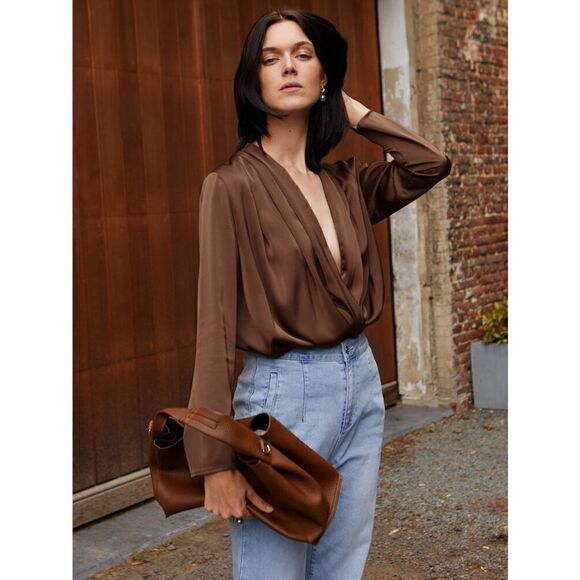 5/$25 SALE Brand New Shein Motf Premium Straight Fit Draped Top in Coffee Brown - Picture 2 of 16